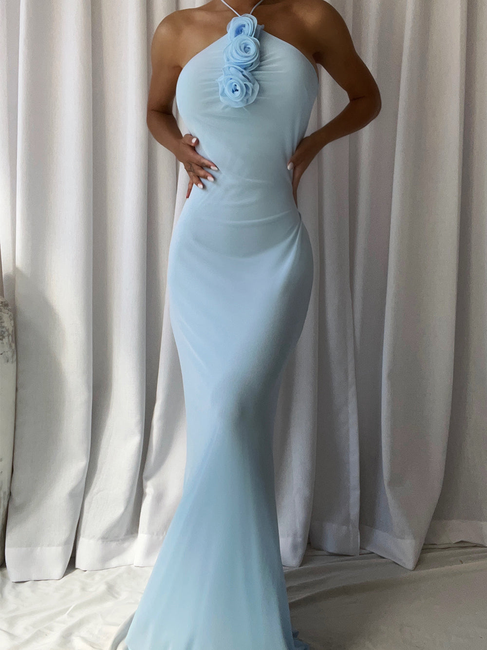 Satin Halter Neck Rosette Bodycon Mermaid Gown