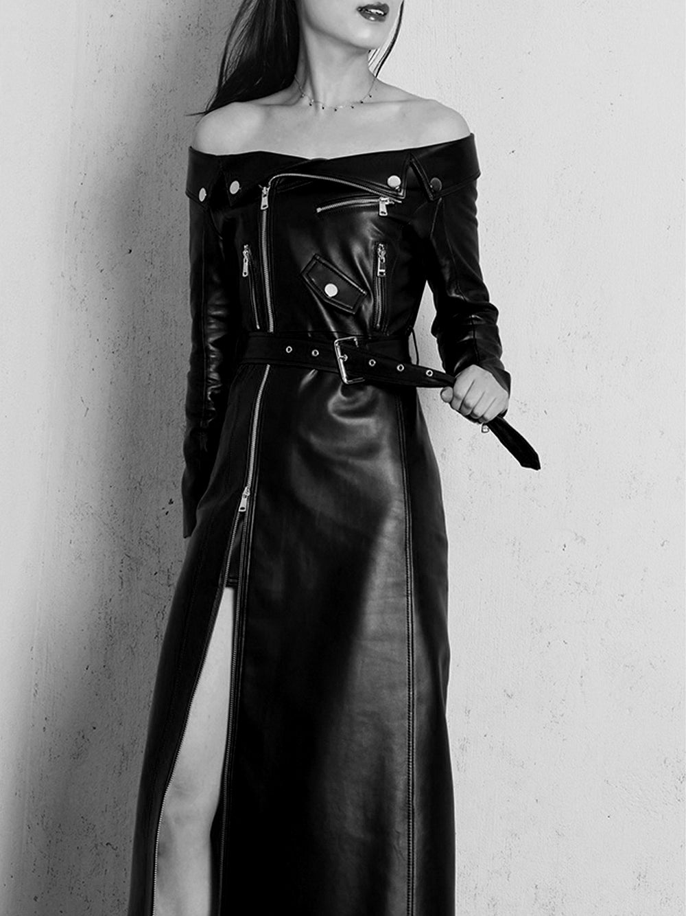 Faux-Leather Off-Shoulder Zip-Front Belted High-Slit Maxi Dress 7