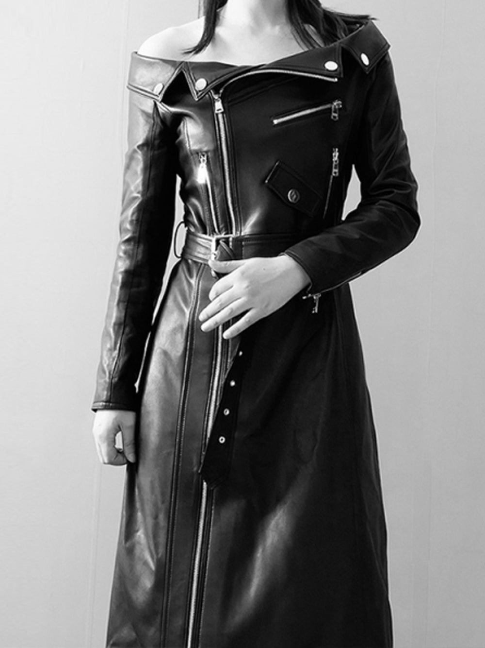 Faux-Leather Off-Shoulder Zip-Front Belted High-Slit Maxi Dress 8