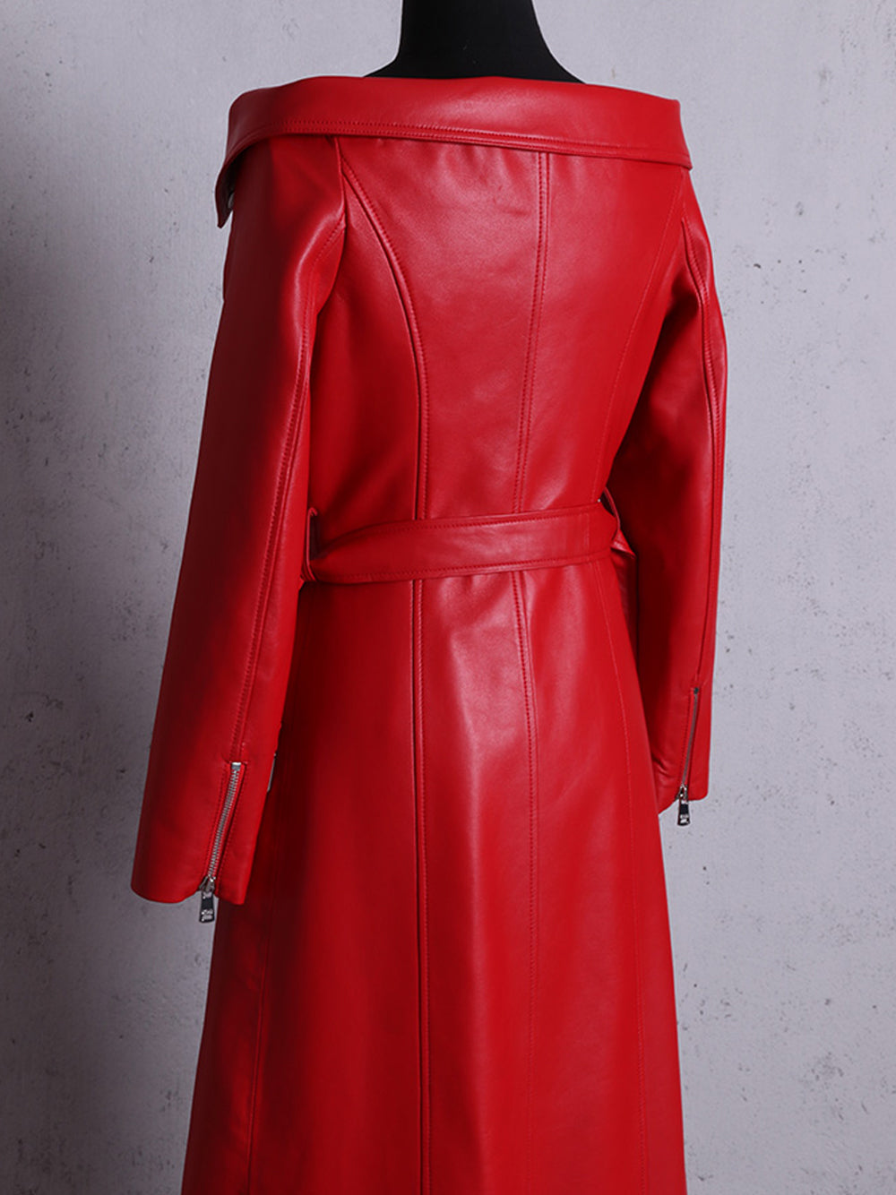 Faux-Leather Off-Shoulder Zip-Front Belted High-Slit Maxi Dress 10