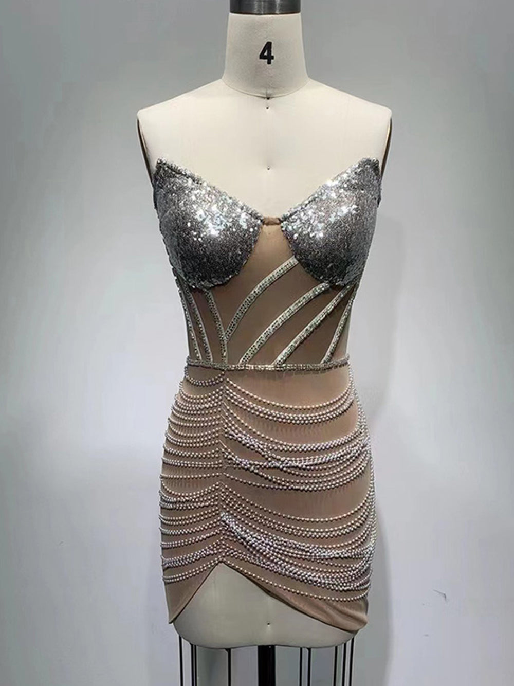 Sequin Strapless Pearl-Embellished Corset Mini Dress 10