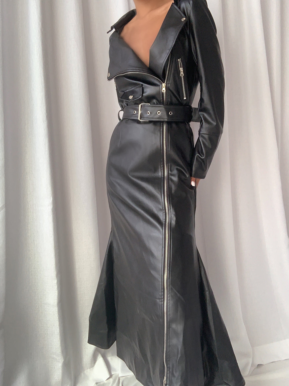 Faux-Leather Off-Shoulder Zip-Front Belted High-Slit Maxi Dress 5