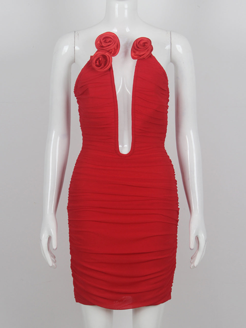 Ruched Halter Plunge Neck Rosette Bodycon Mini Dress 8
