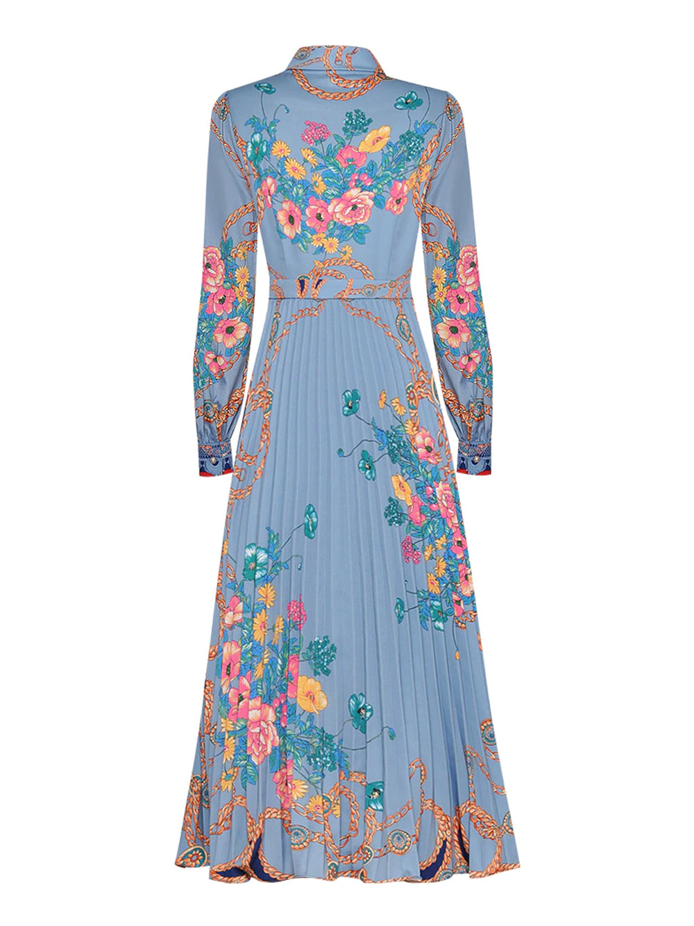 Floral Chain Print Pussy-Bow Collar Long Sleeve Pleated Midi Dress 7