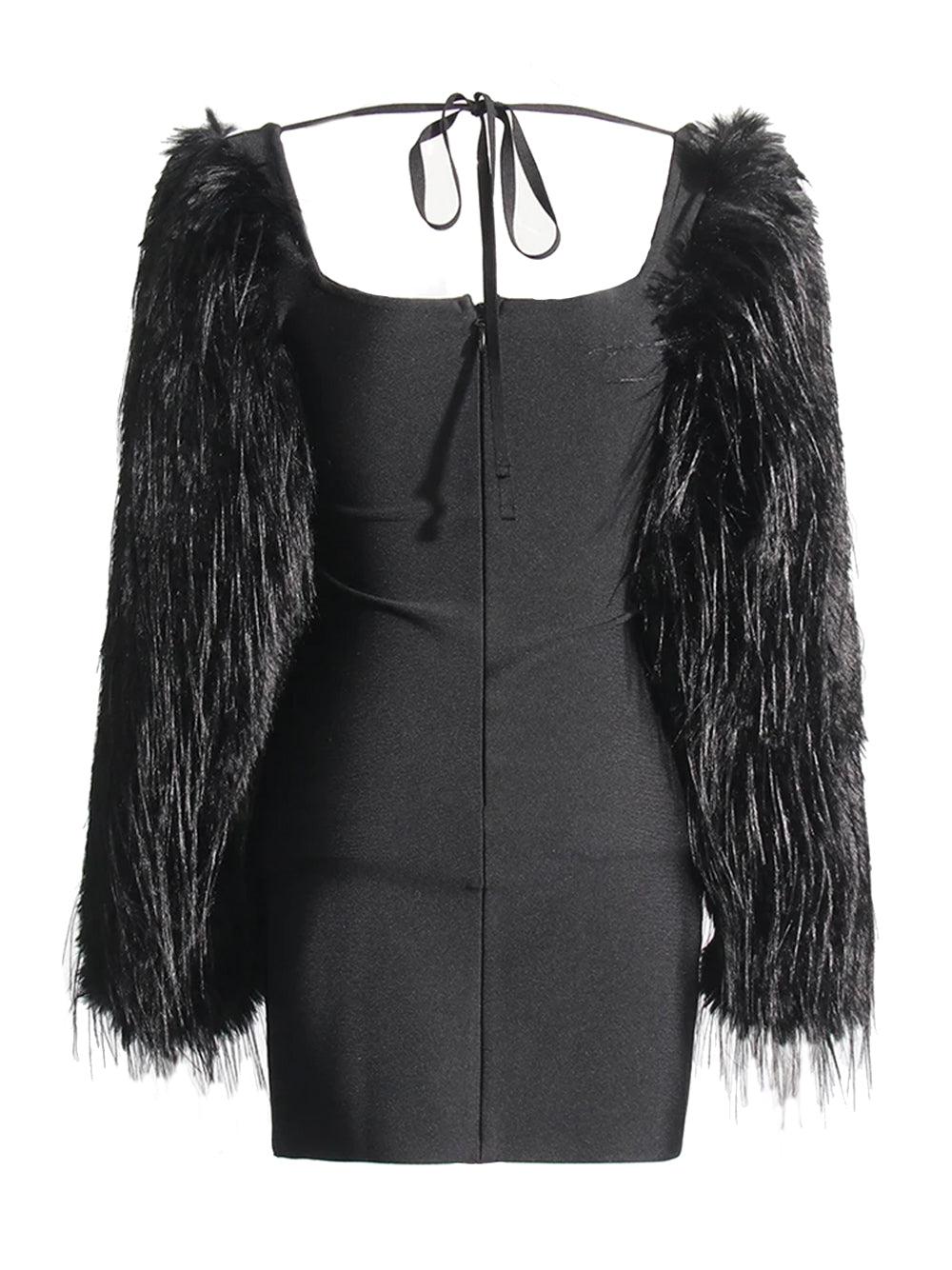 Faux Fur Sleeve Crystal Cup Bodycon Mini Dress 2