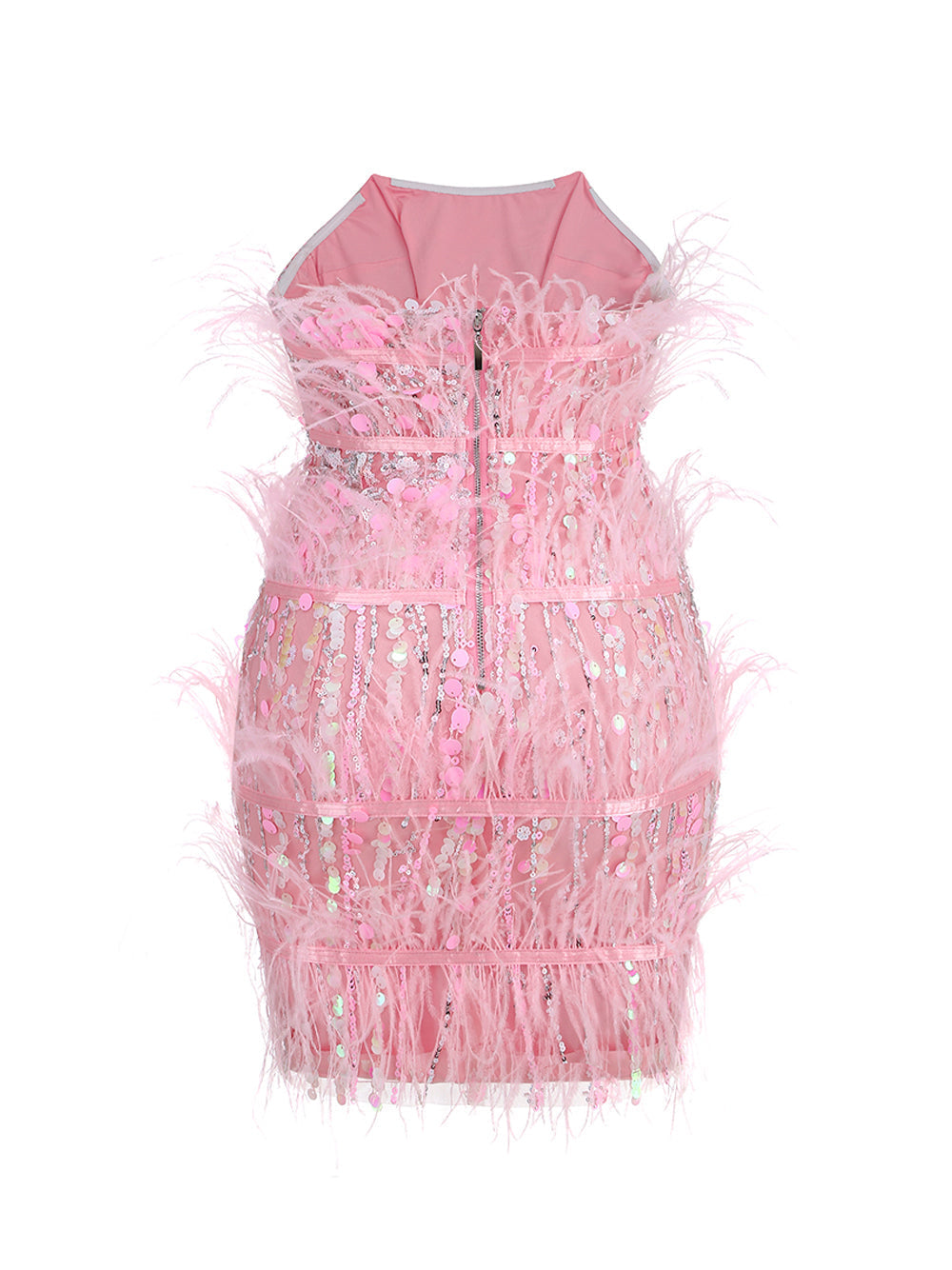 Sequin Feather Trim Strapless Tiered Bodycon Mini Dress - View 2