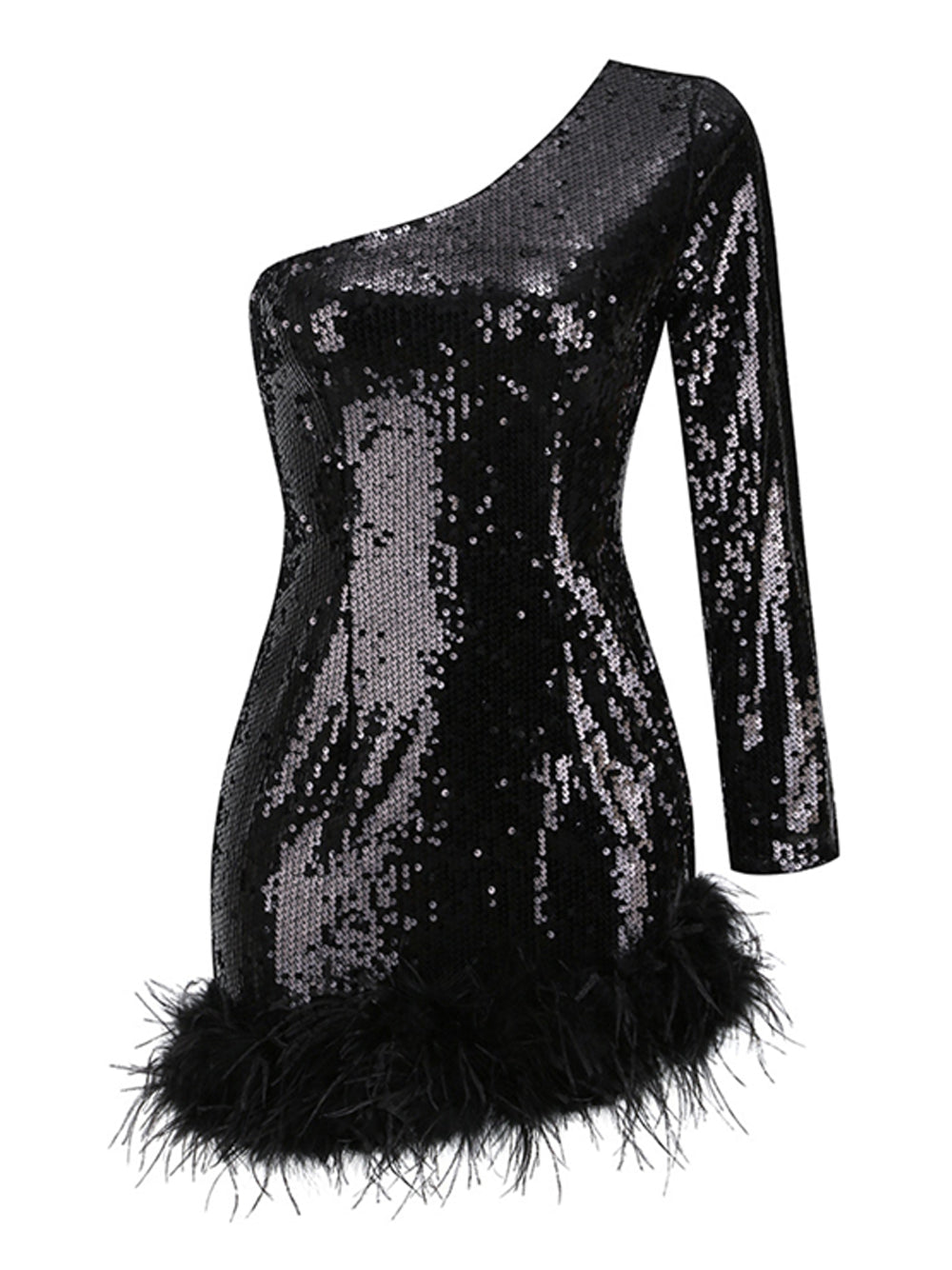 Sequin One Shoulder Feather Hem Bodycon Mini Dress 4