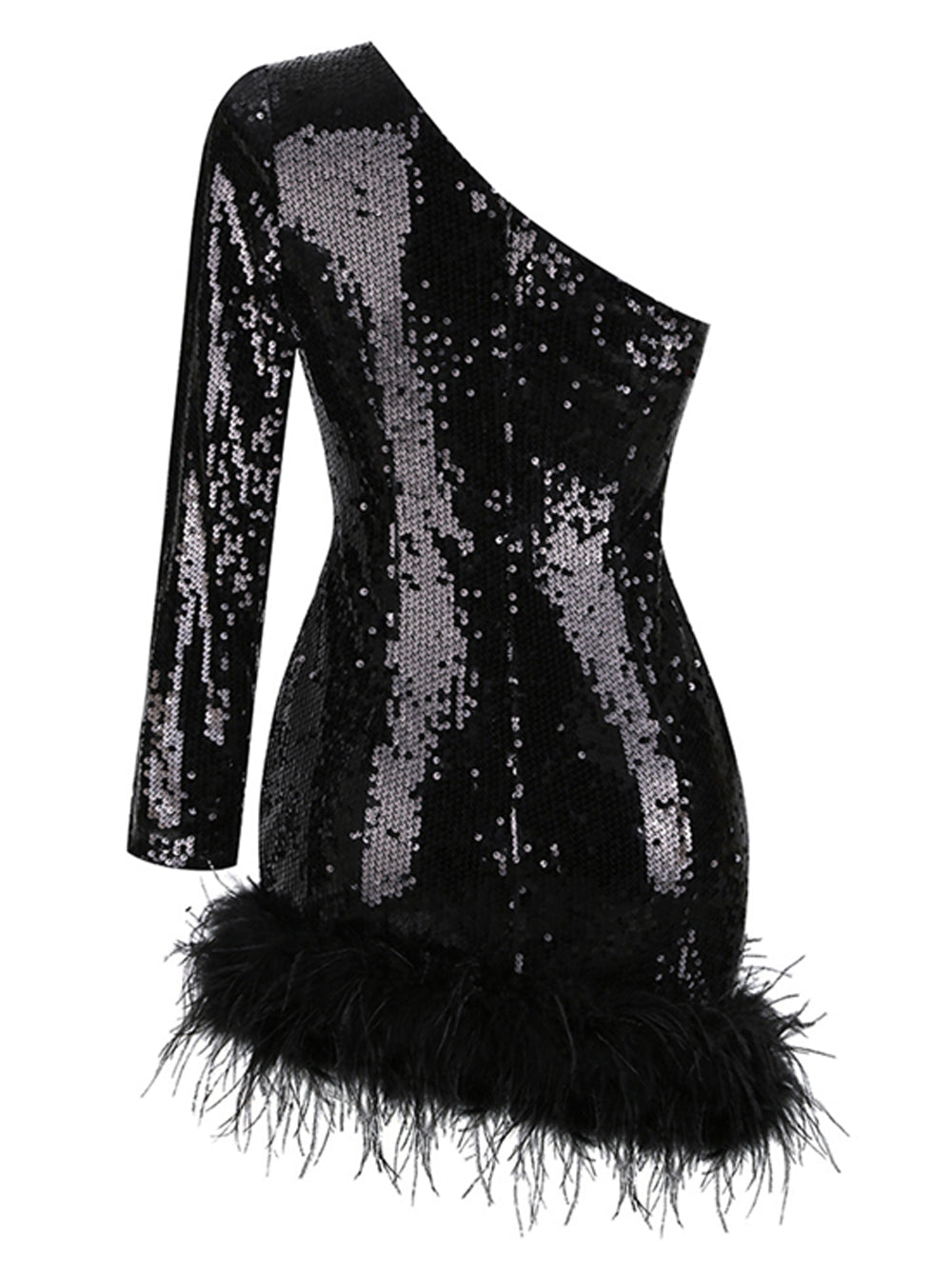 Sequin One Shoulder Long Sleeve Feather Trim Bodycon Mini Dress - View 5