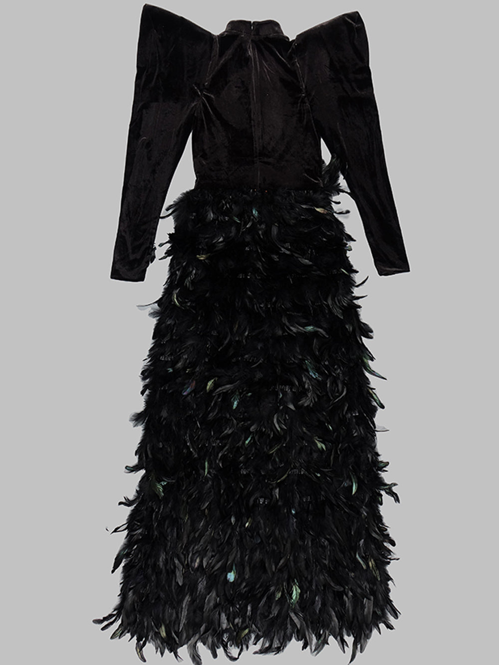 Velvet Mock Neck Rhinestone Cutout Feather-Trim Gown 4