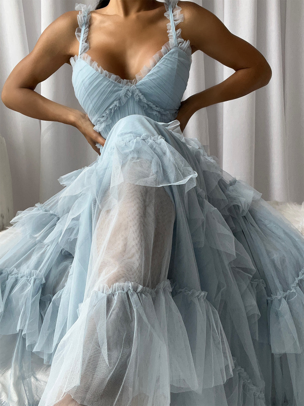 Tulle Sweetheart Strappy Tiered Ruffle Midi Dress 4
