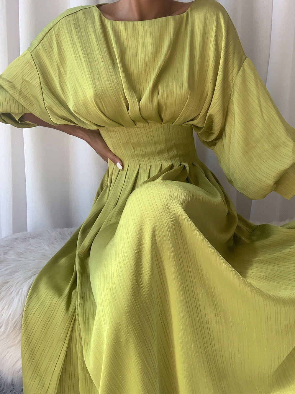 Boat Neck Long Sleeve Pleated A-Line Midi Dress 4