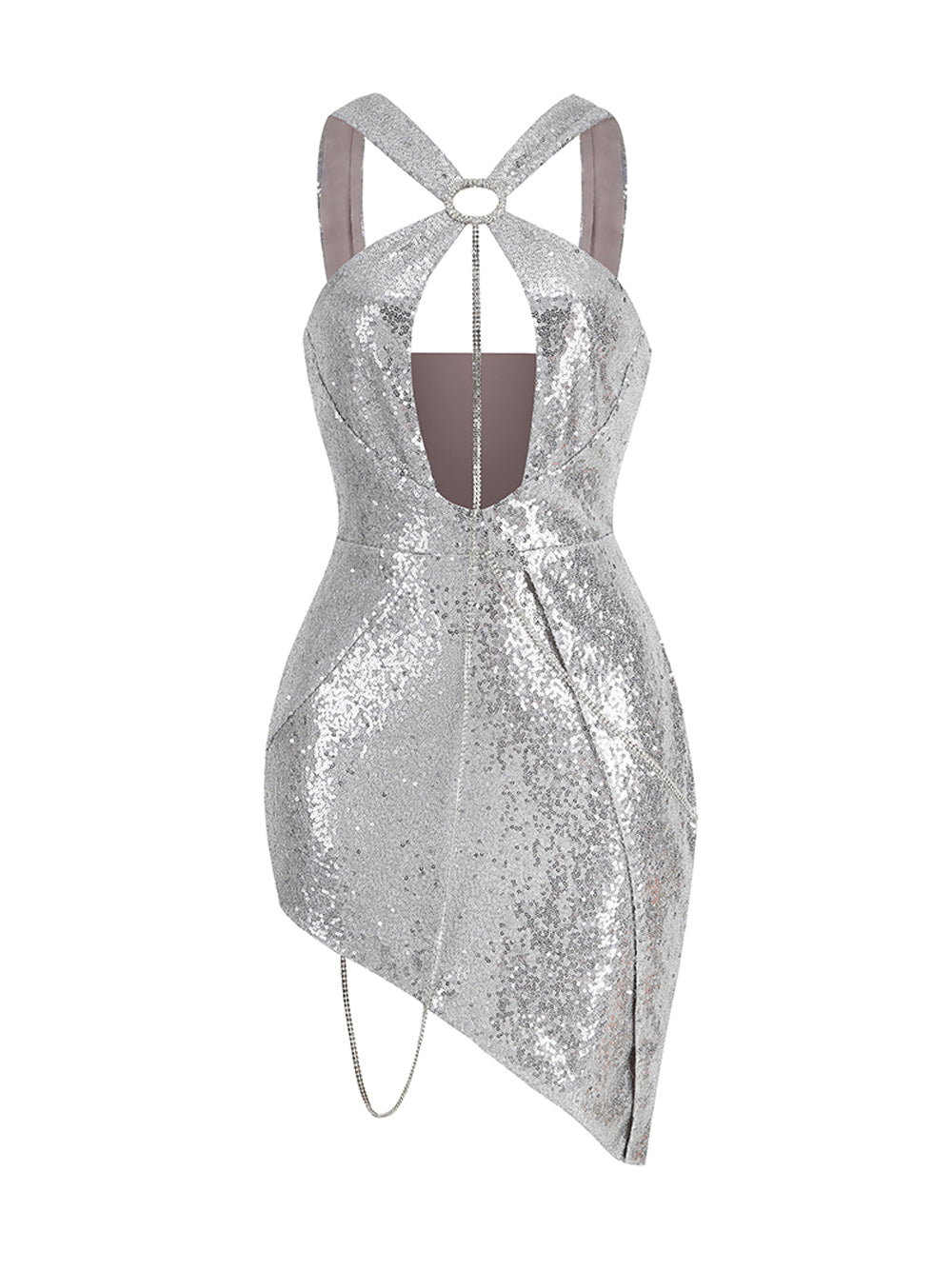 Sequin Halter O-Ring Cut-Out Asymmetric Mini Dress