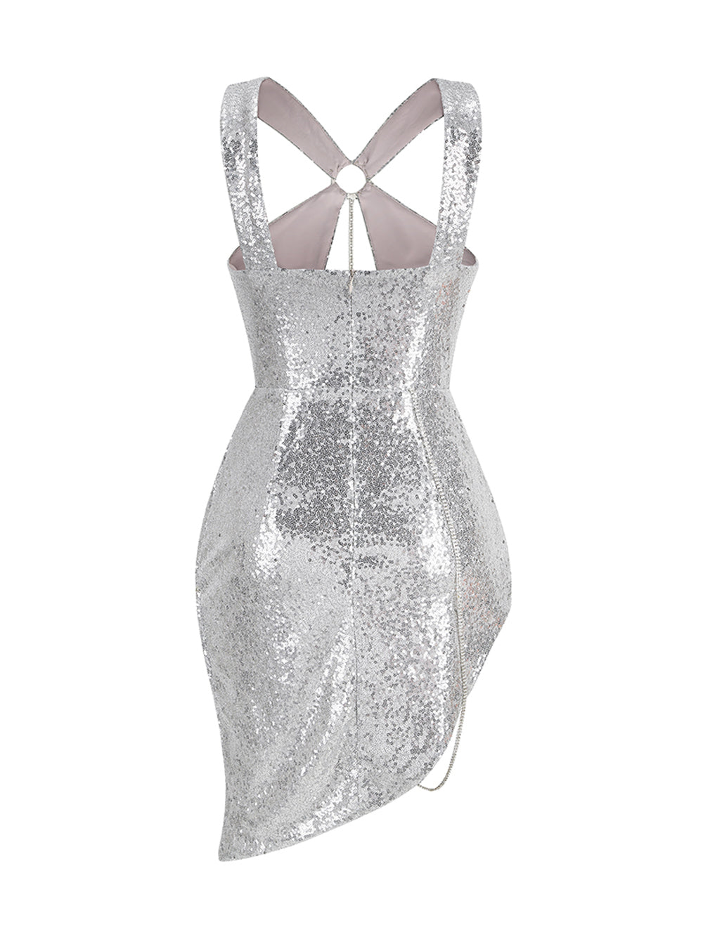 Sequin Halter Keyhole Cut Out Cross Back Asymmetric Hem Mini Dress - View 2