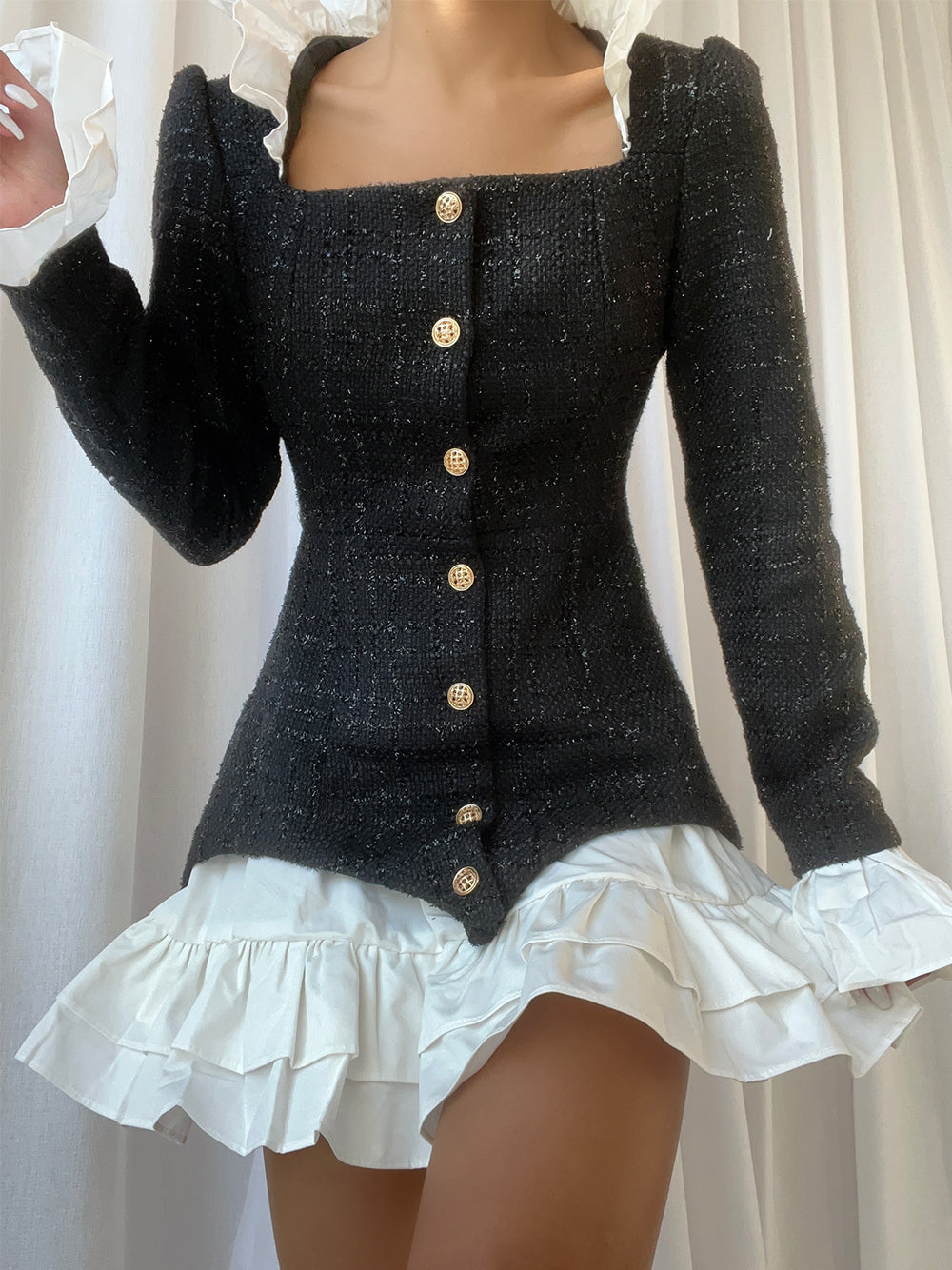 Tweed Faux Two Piece Ruffle Collar Button Front Mini Dress