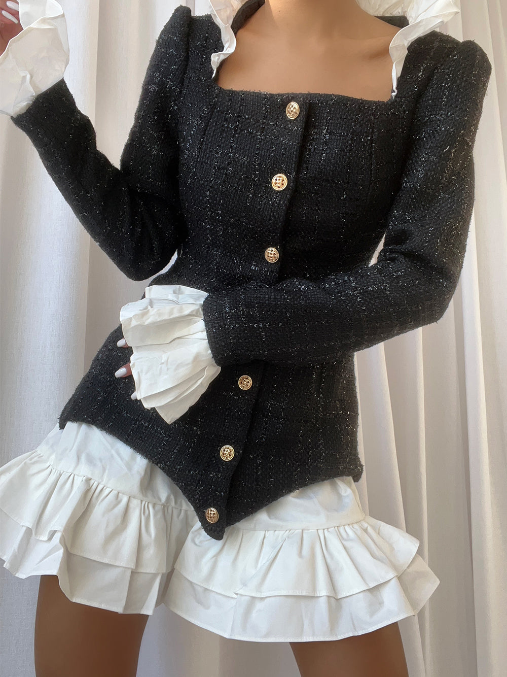 Tweed Faux Two Piece Ruffle Collar Button Front Mini Dress - View 2