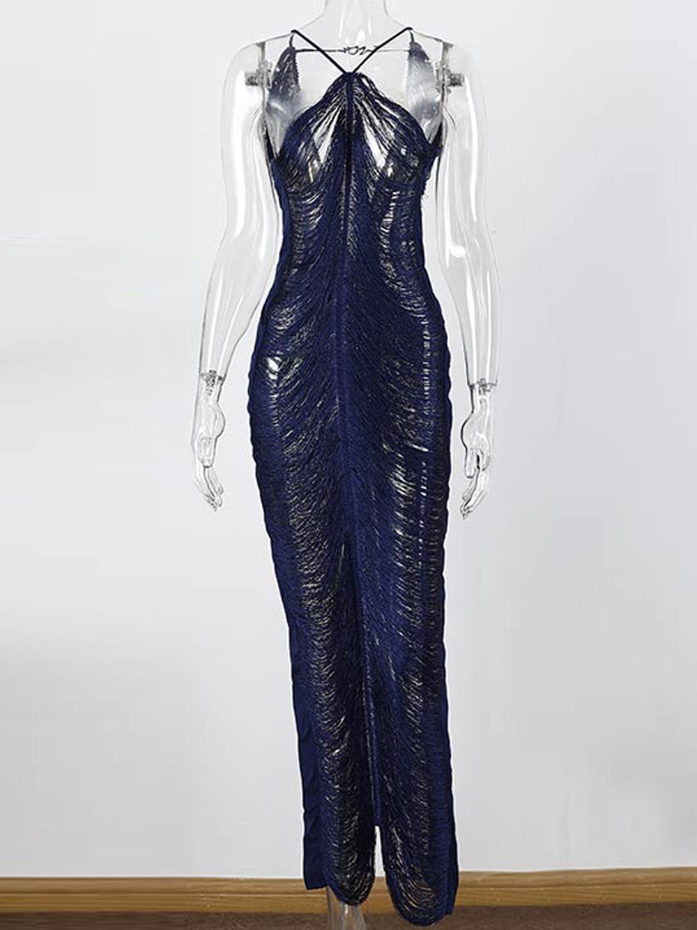 Tassel Fringe Halter Backless Bodycon Maxi Dress 20