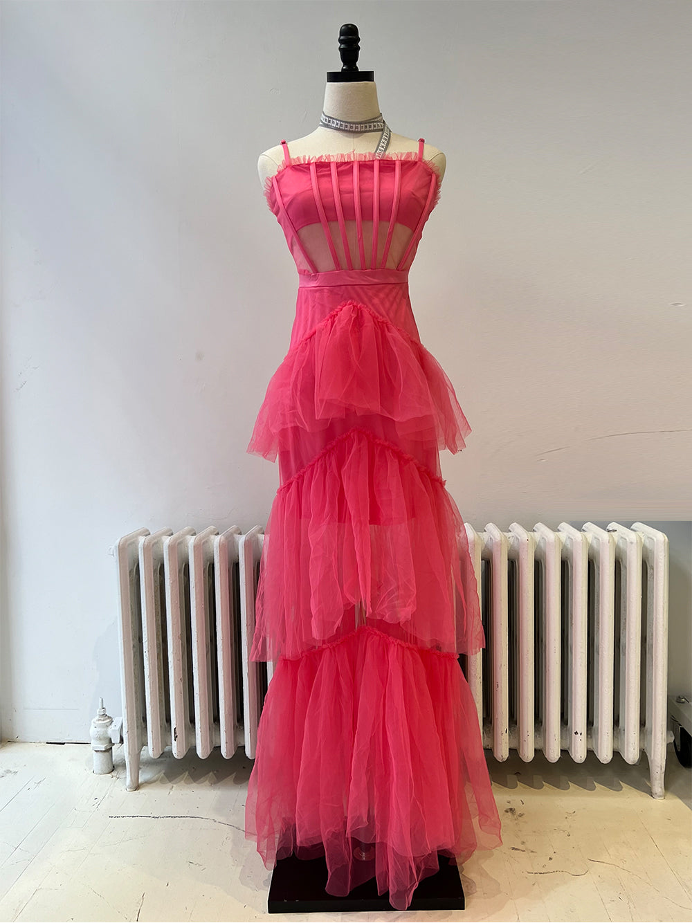 Spaghetti Strap Square Neck Corset Tiered Ruffle Tulle Maxi Gown - View 7