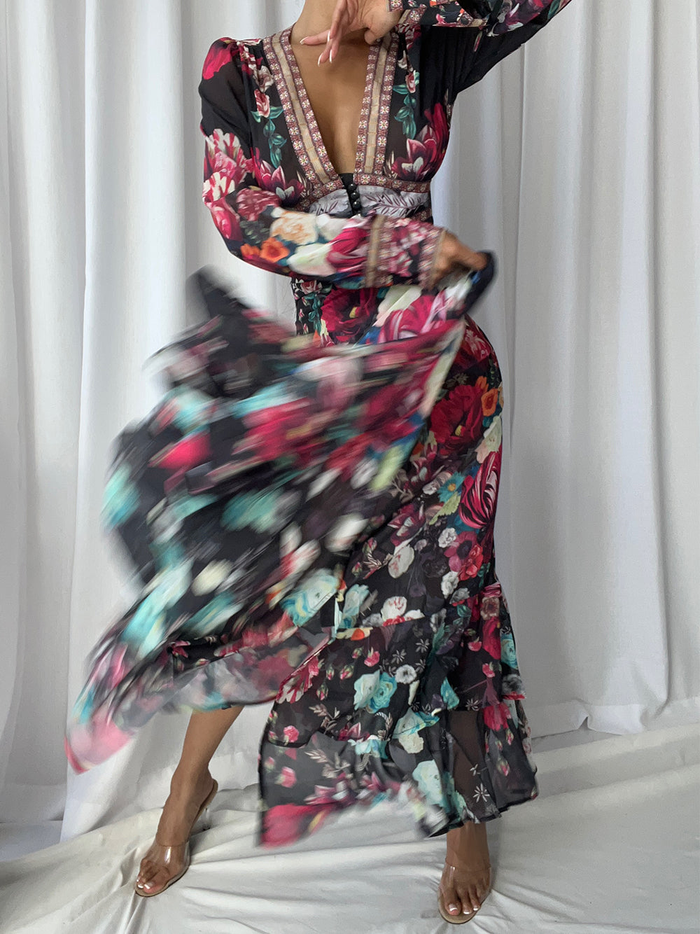 Floral Deep-V Bishop-Sleeve Button-Front Tiered Maxi Dress 6