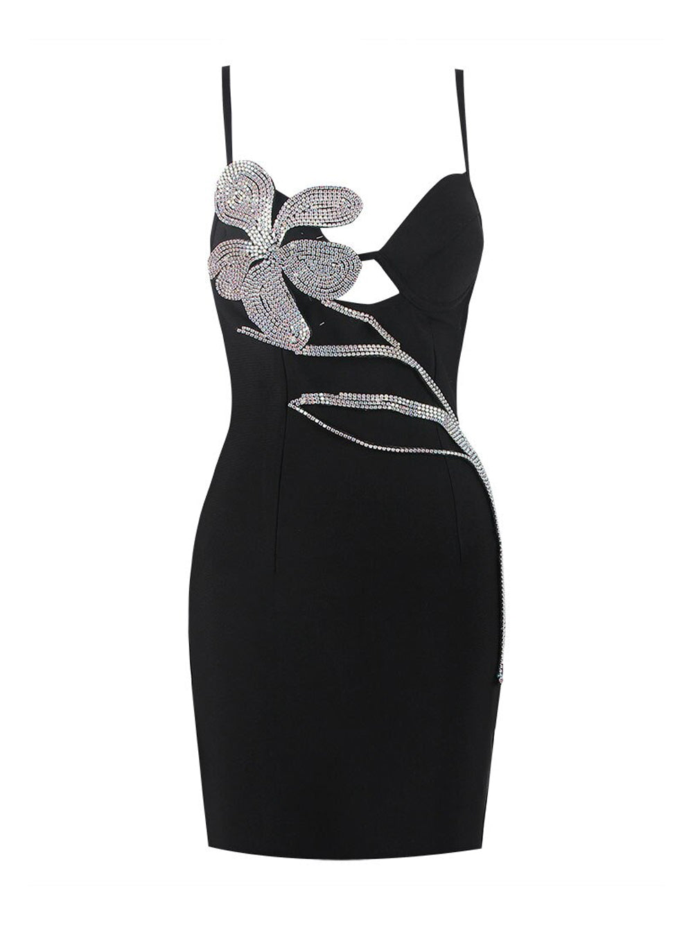 Crystal Floral Appliqué Strappy Bodycon Mini Dress