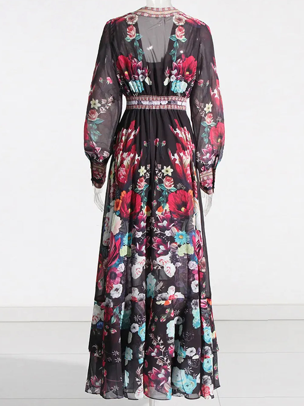 Floral Deep-V Bishop-Sleeve Button-Front Tiered Maxi Dress 9