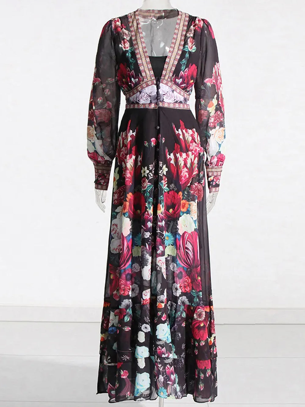 Floral Deep-V Bishop-Sleeve Button-Front Tiered Maxi Dress 8