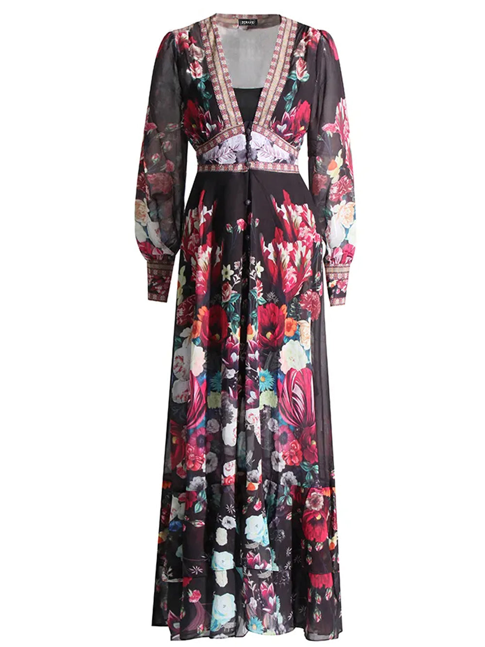 Floral Deep-V Bishop-Sleeve Button-Front Tiered Maxi Dress 11