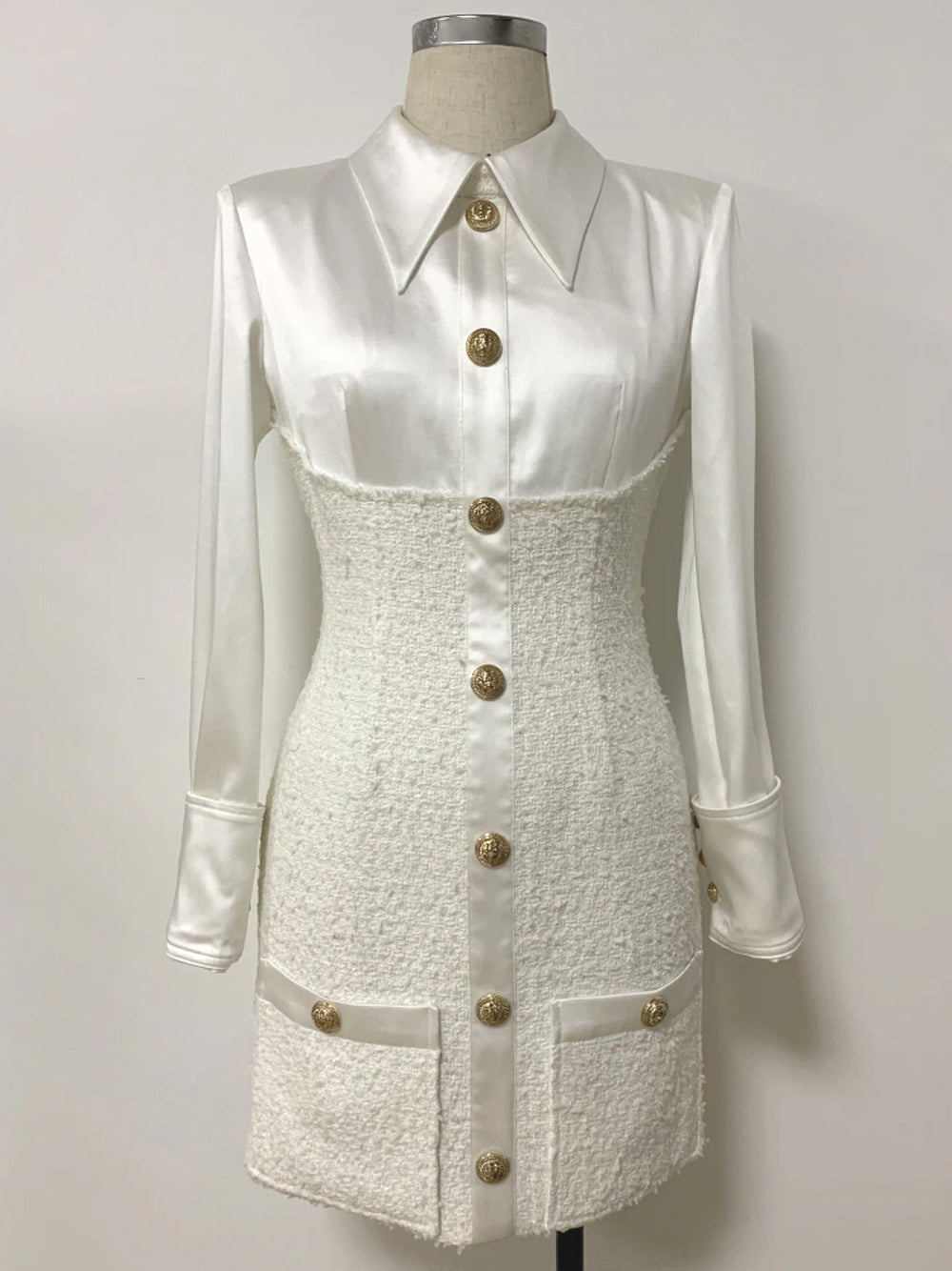 Tweed Satin Collar Long Sleeve Button-Front Mini Dress 4