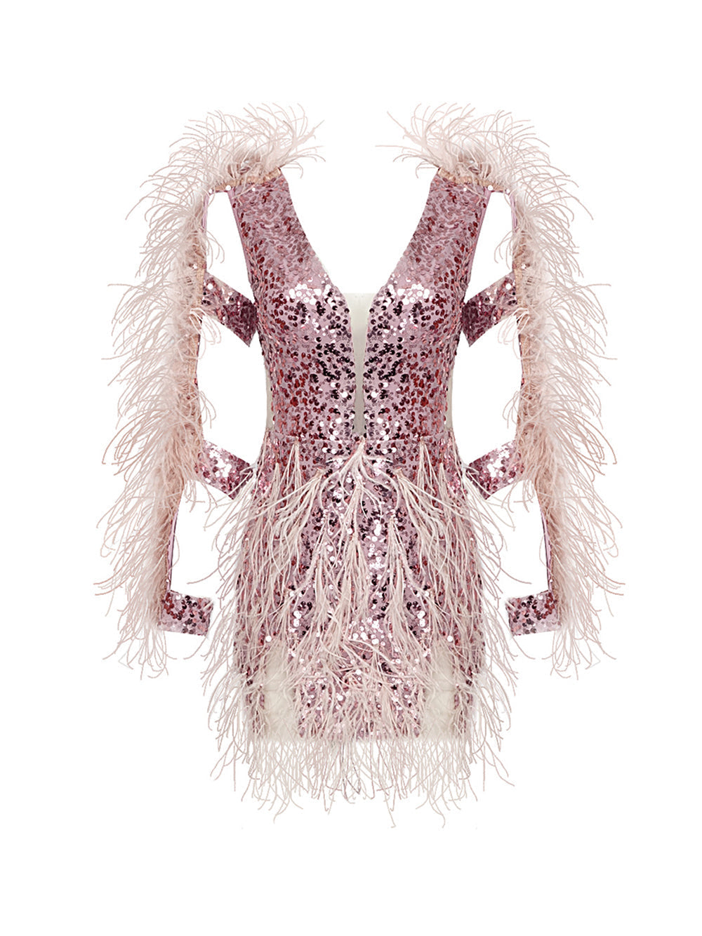 Sequin Deep V-Neck Feather Trim Long Sleeve Cut Out Mini Dress