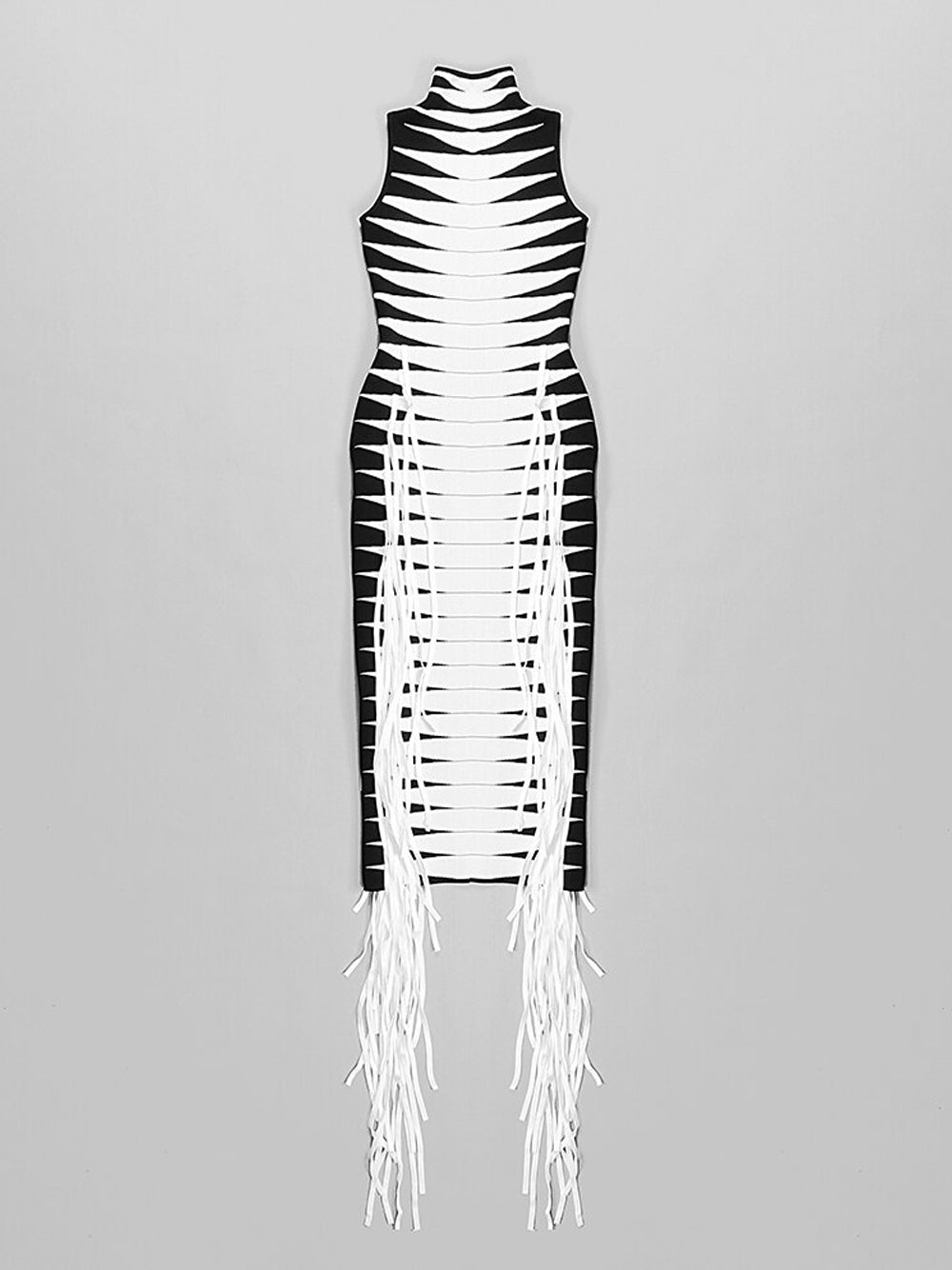 Striped Knit High Neck Sleeveless Fringe Maxi Dress 9