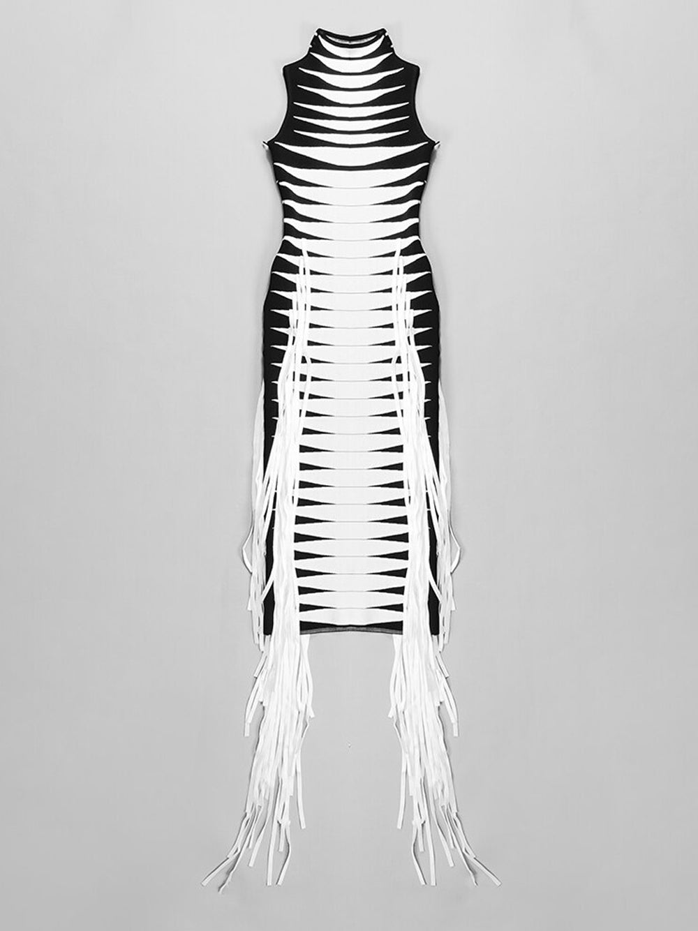 Striped Knit High Neck Sleeveless Fringe Maxi Dress 8