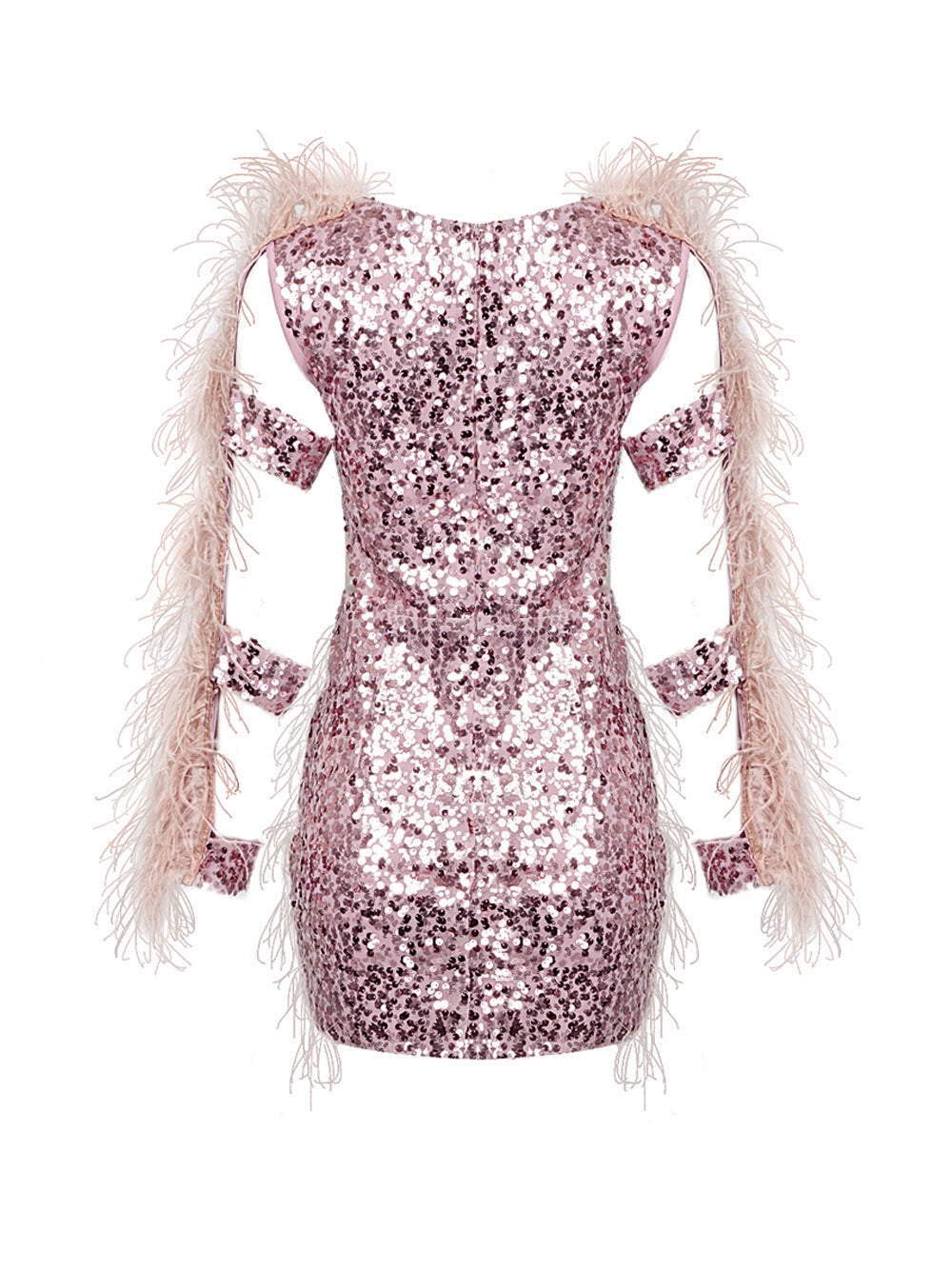 Sequin Deep V-Neck Feather Trim Long Sleeve Cut Out Mini Dress - View 2