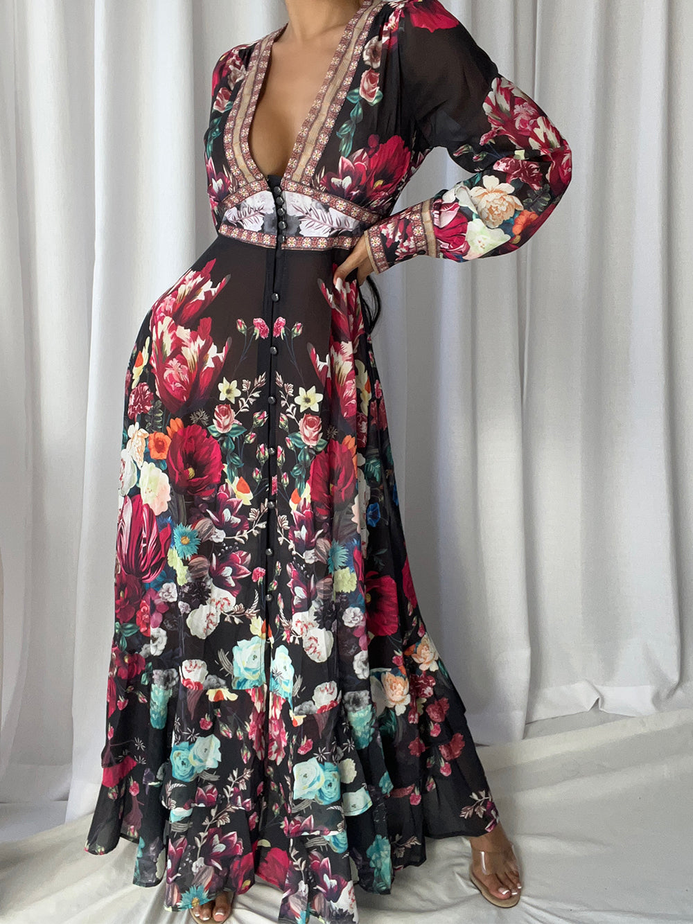 Floral Deep-V Bishop-Sleeve Button-Front Tiered Maxi Dress