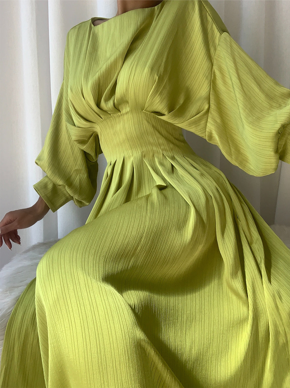 Boat Neck Long Sleeve Pleated A-Line Midi Dress 2