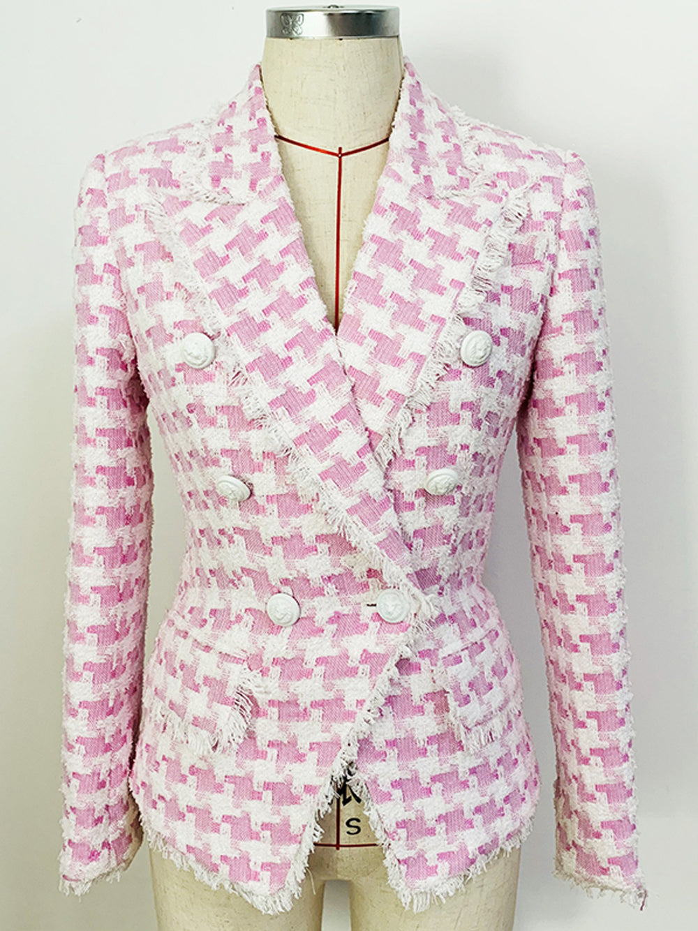 Double Breasted Houndstooth Tweed Blazer 11