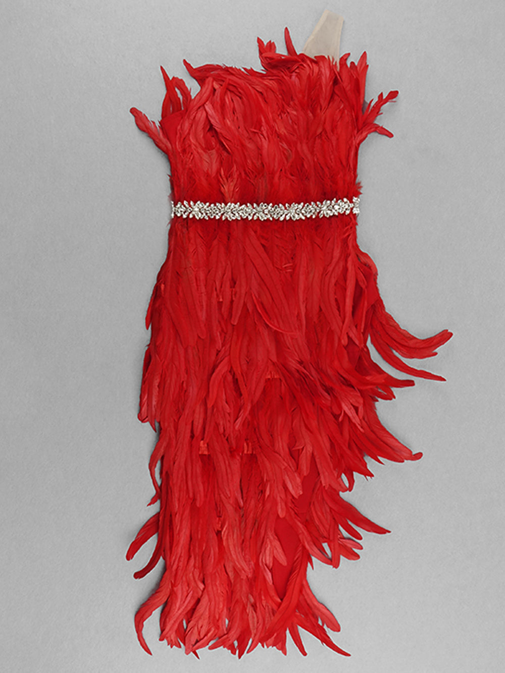 Strapless Rhinestone Belt Asymmetric Feather Hem Bodycon Mini Dress - View 8