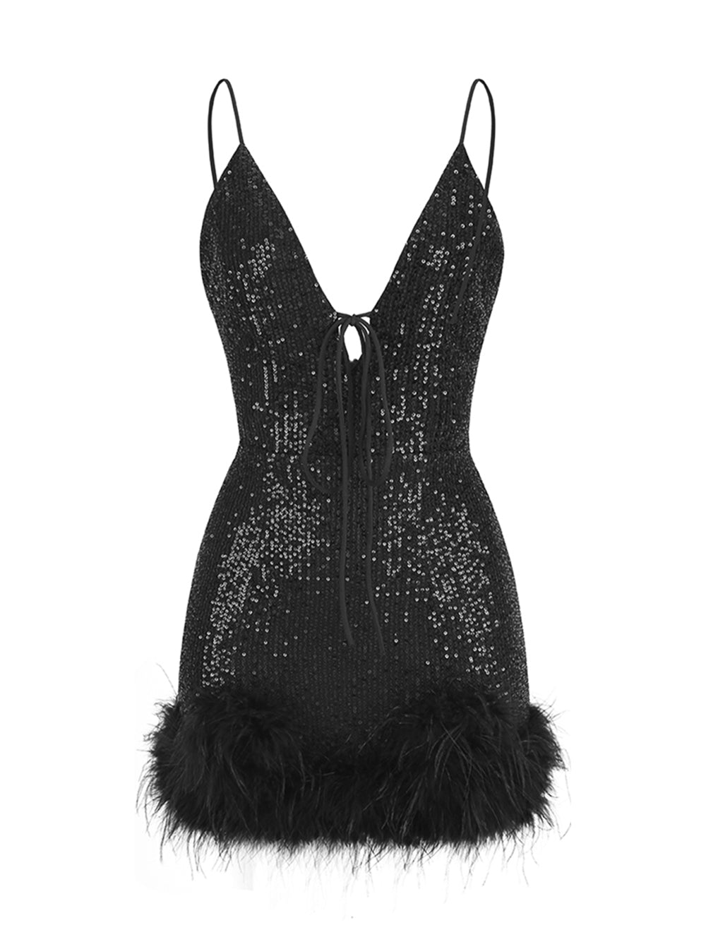 Sequin Plunge Strappy Feather-Trim Bodycon Mini Dress