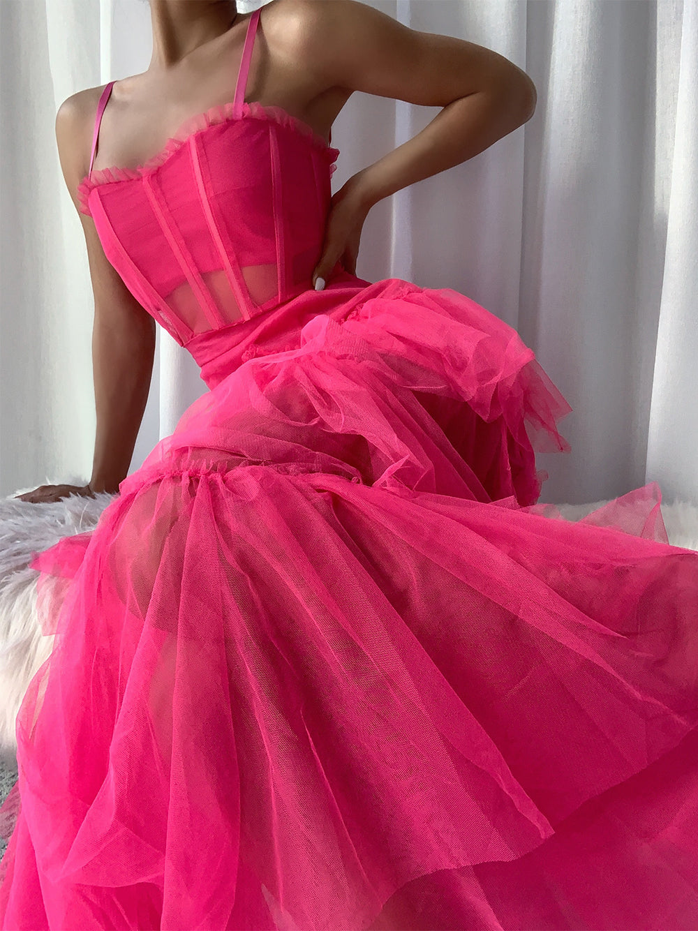 Spaghetti Strap Square Neck Corset Tiered Ruffle Tulle Maxi Gown - View 5