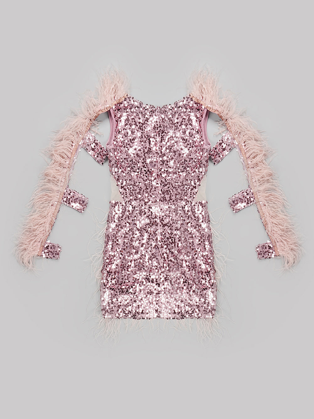 Sequin Deep V-Neck Feather Trim Long Sleeve Cut Out Mini Dress - View 8