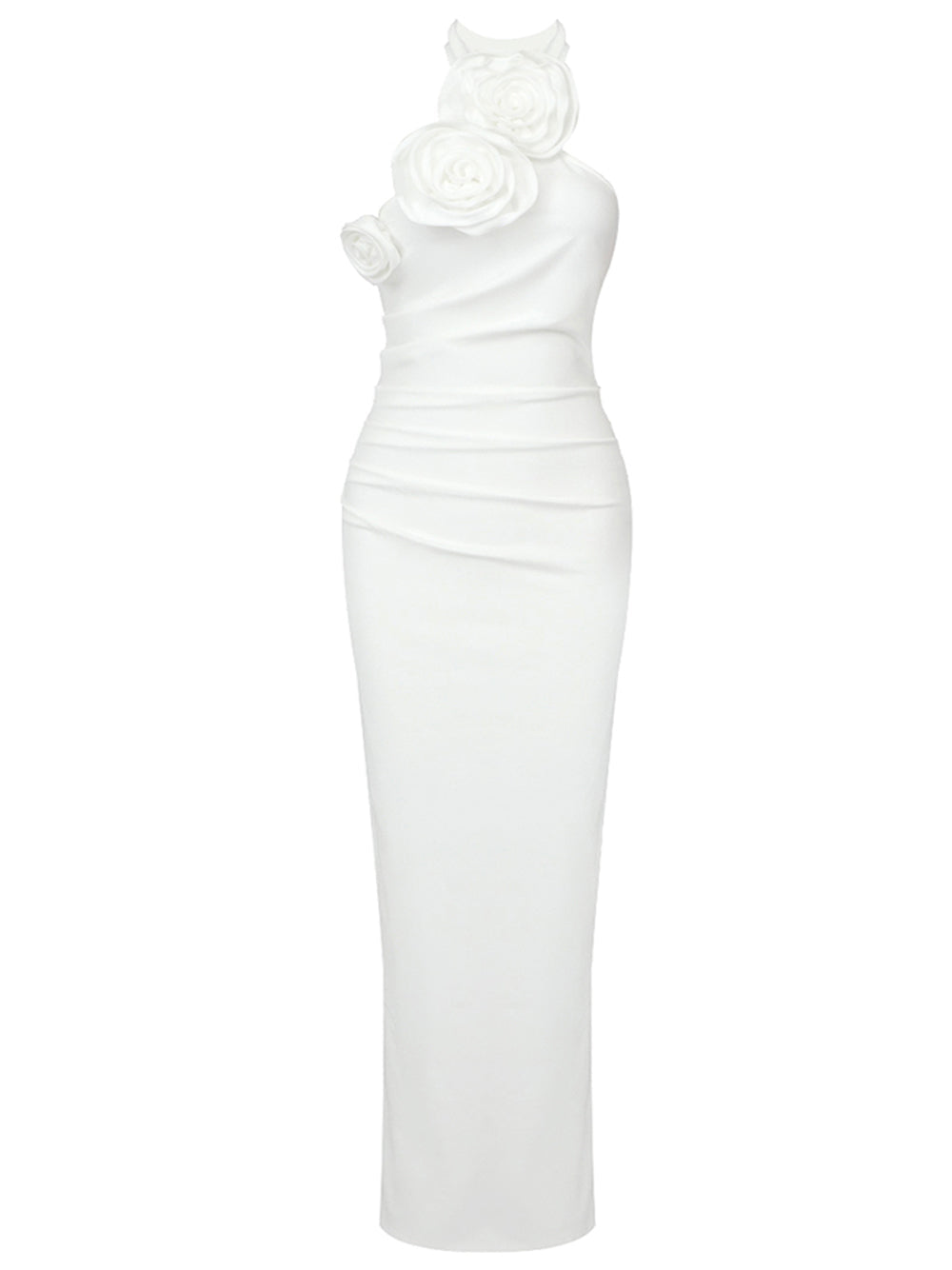 Rosette One-Shoulder Ruched Column Maxi Dress