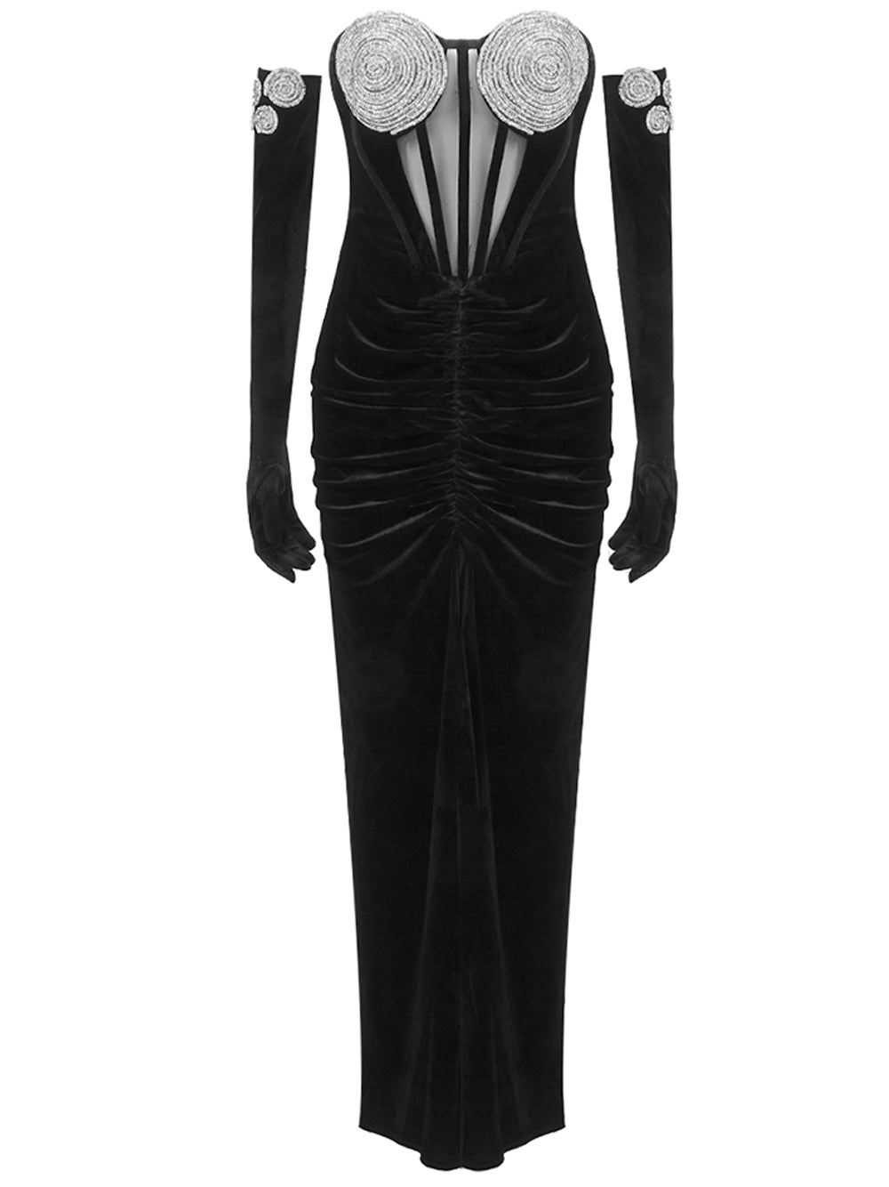Crystal-Cup Strapless Gloved Ruched Velvet Gown