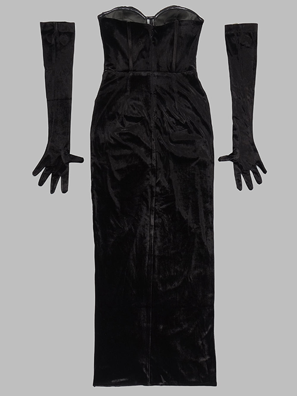 Crystal-Cup Strapless Gloved Ruched Velvet Gown 6