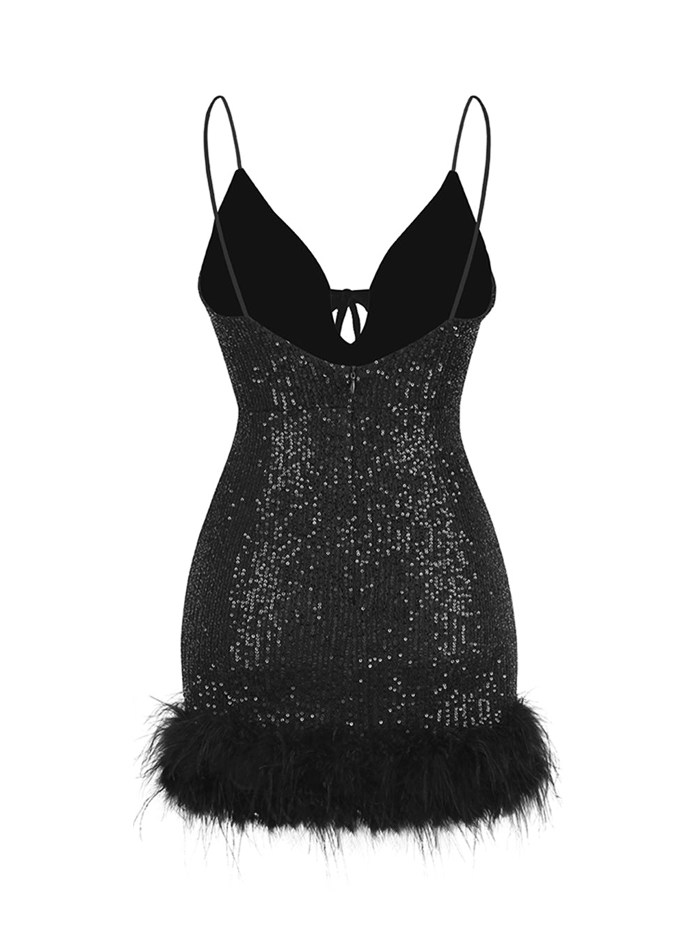 Sequin Plunge Strappy Feather-Trim Bodycon Mini Dress 2