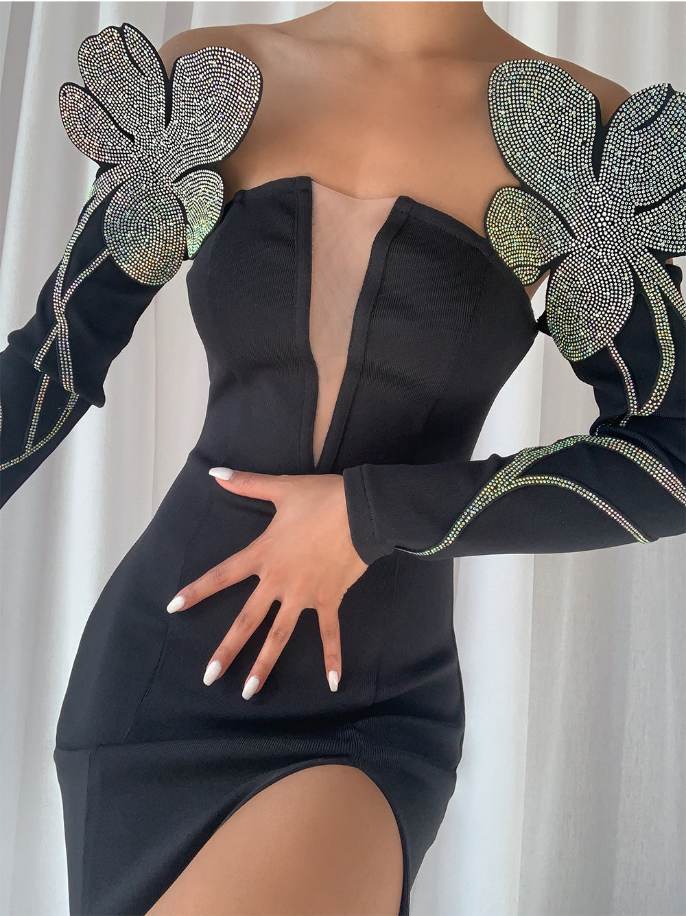 Crystal Floral Off Shoulder Long Sleeve High Slit Maxi Dress 2