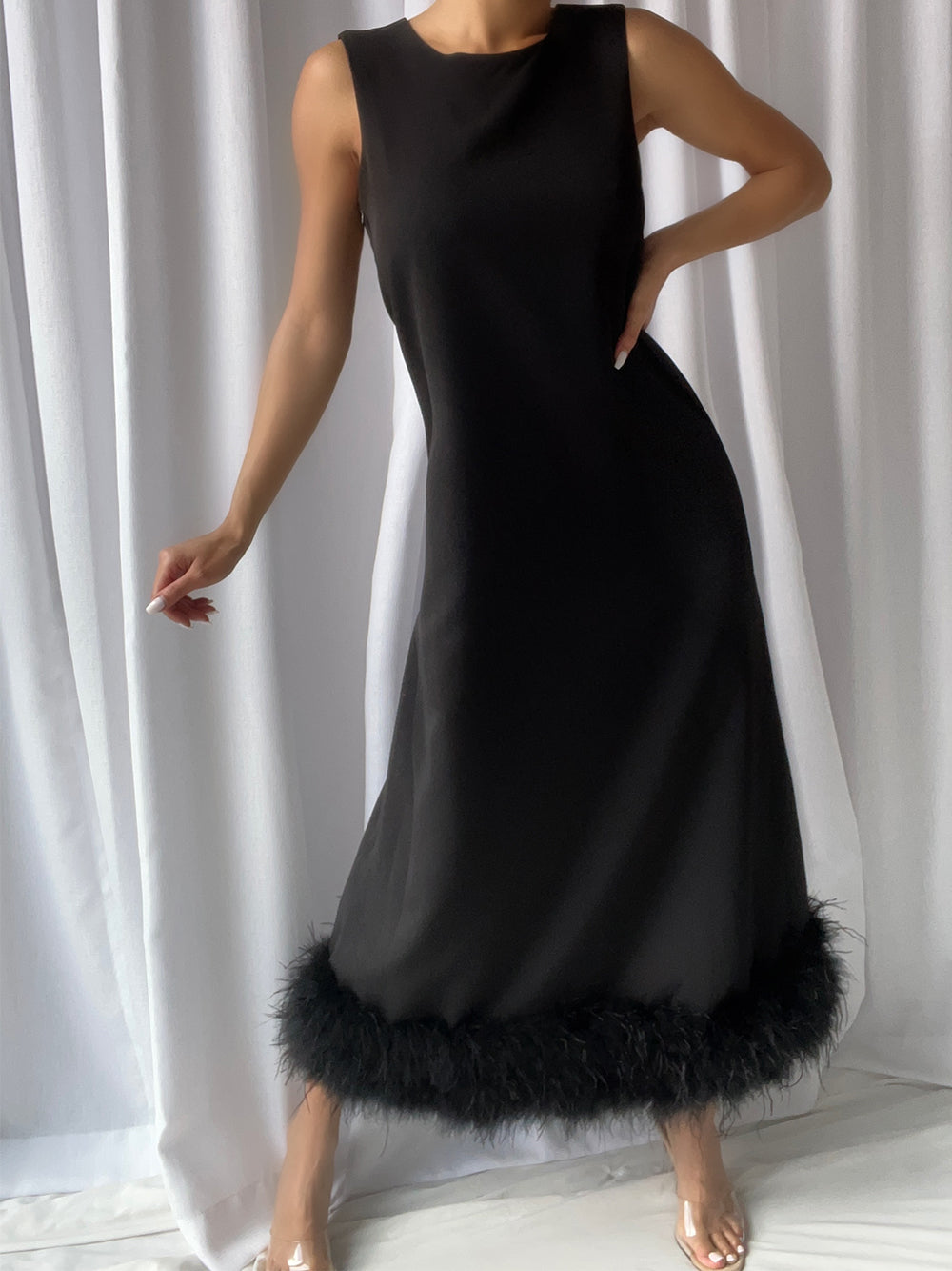 Cowl Neck Sleeveless Shift Feather Hem Midi Dress - View 3