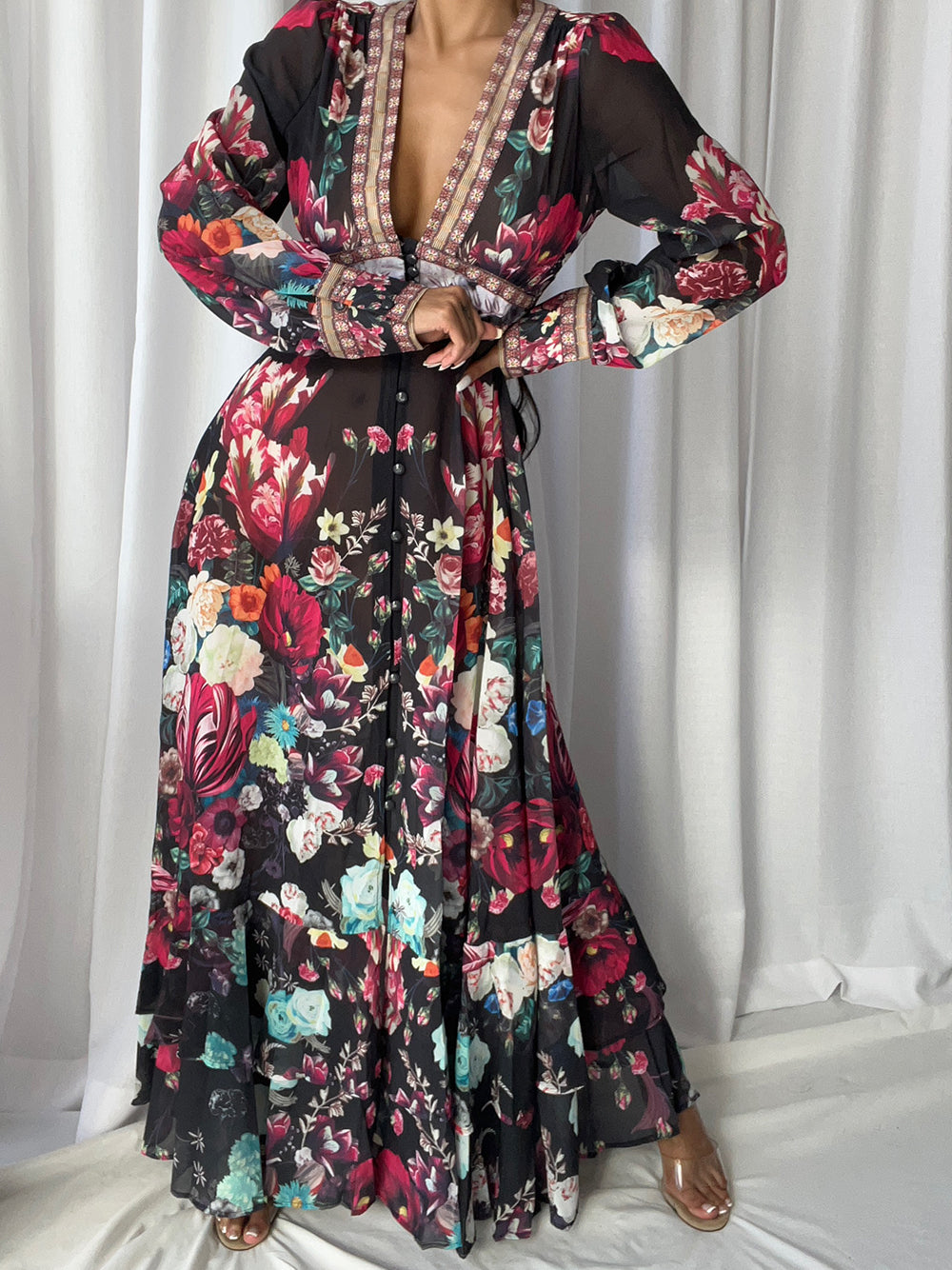 Floral Deep-V Bishop-Sleeve Button-Front Tiered Maxi Dress 3
