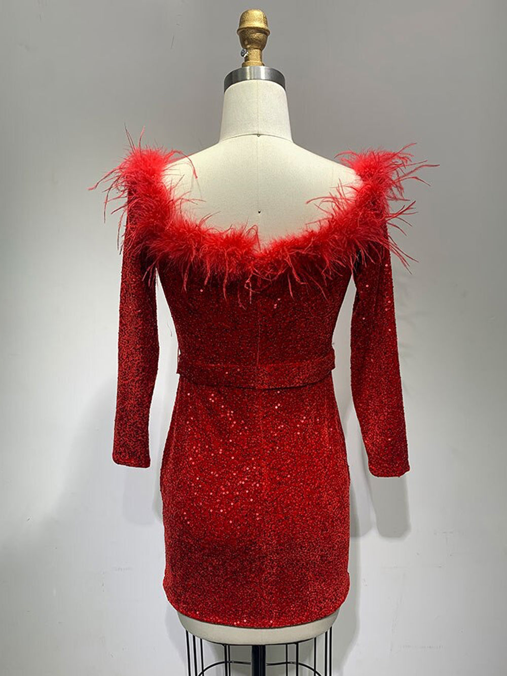 Sequin Off-Shoulder Feather Trim Long Sleeve Mini Dress 9