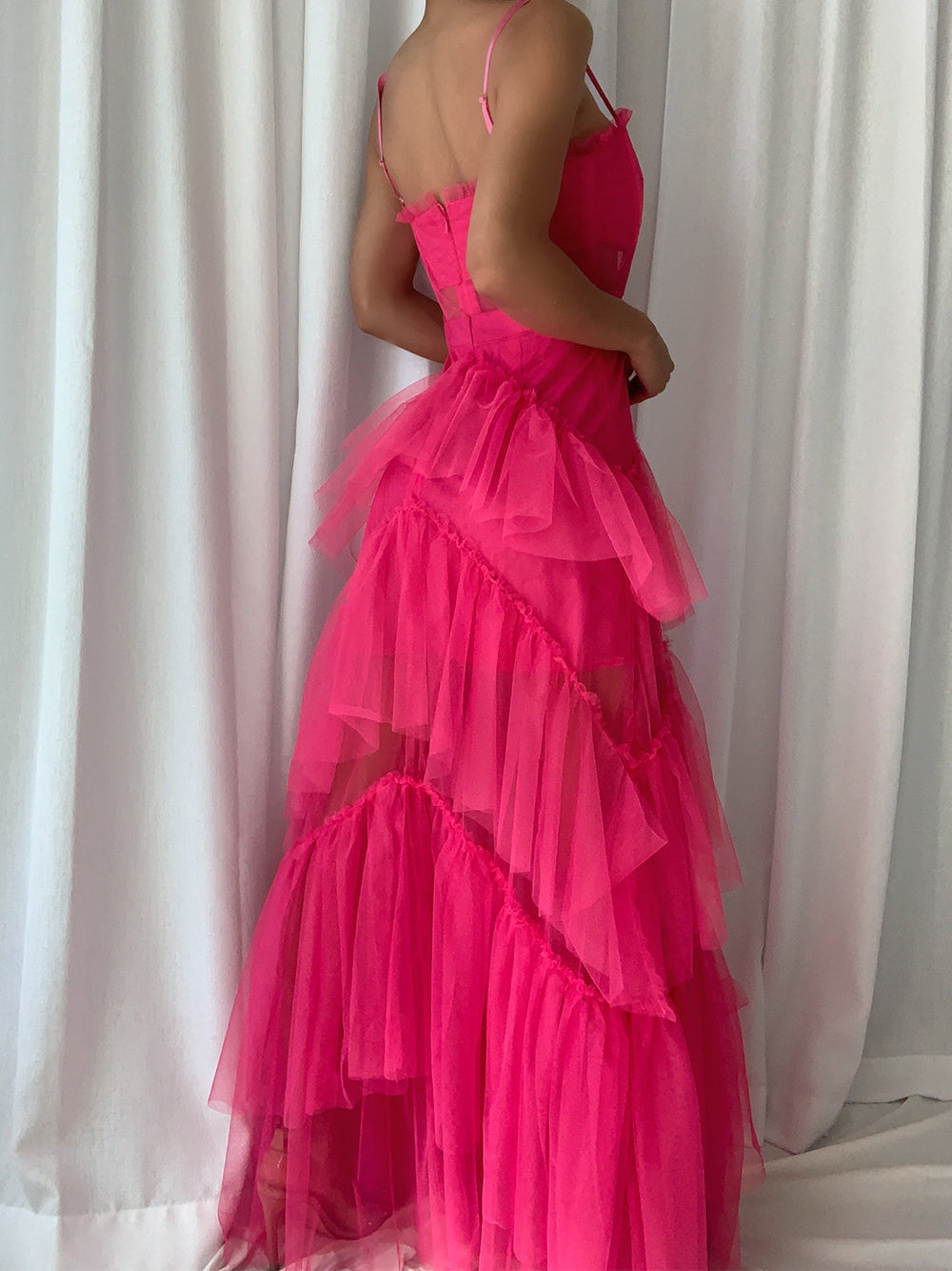 Spaghetti Strap Square Neck Corset Tiered Ruffle Tulle Maxi Gown - View 3