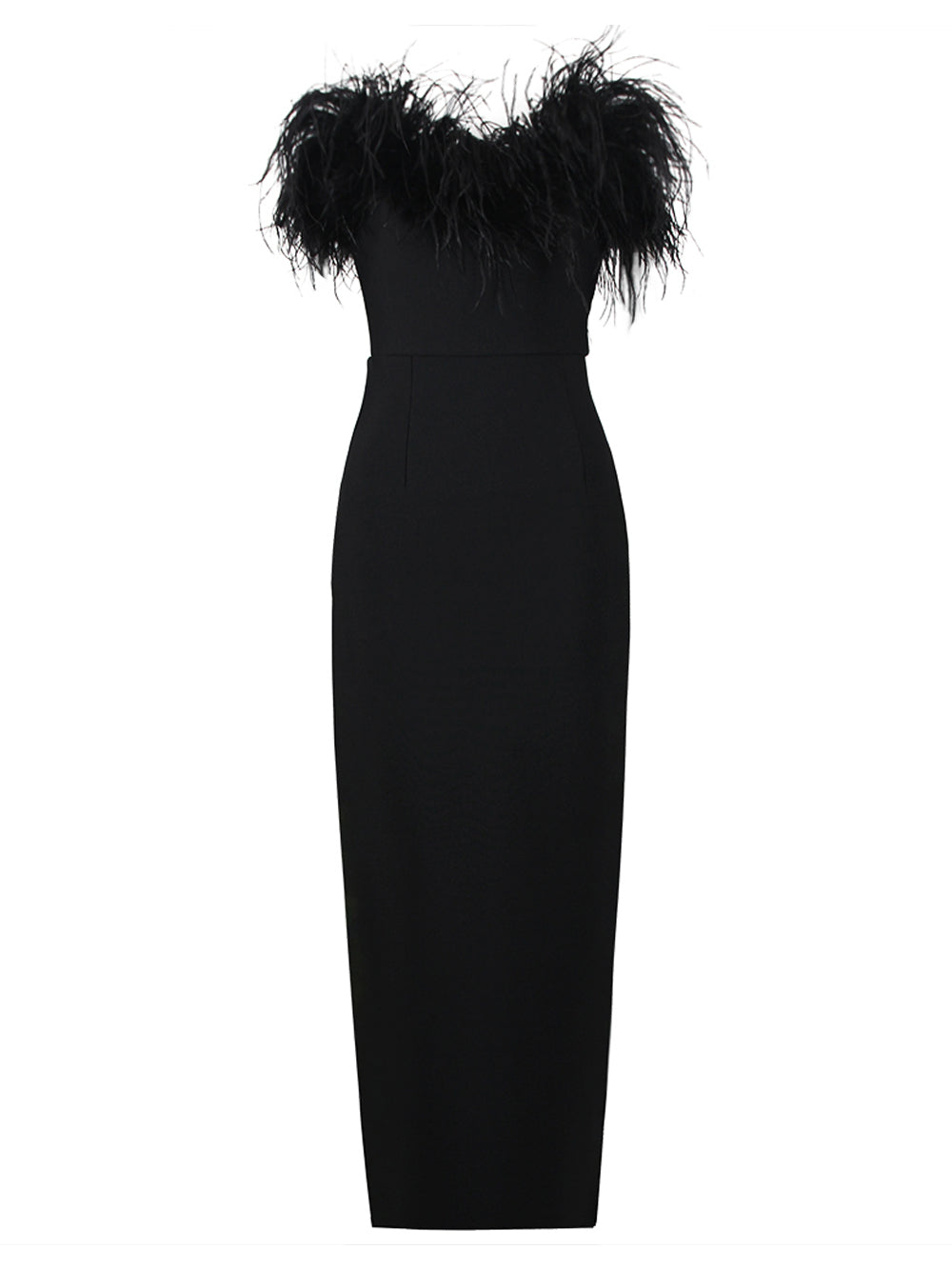 Feather Trim Strapless Column Floor-Length Gown