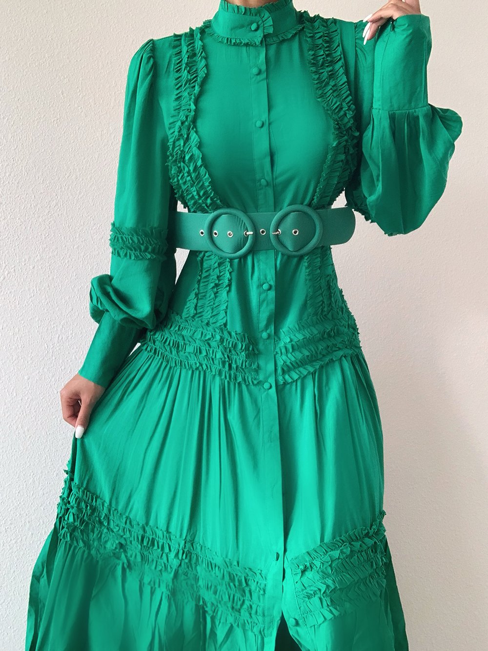 Ruffle Trim High Neck Long Sleeve Belted Tiered Maxi Dress 3