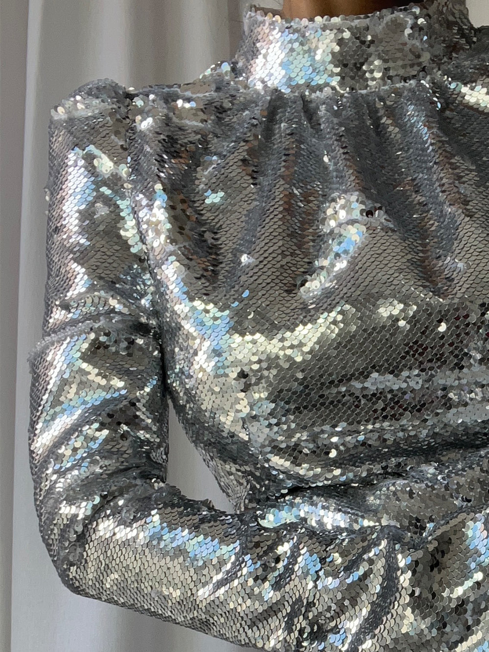Sequin High Neck Long Sleeve Ruffle Hem Mini Party Dress - View 14